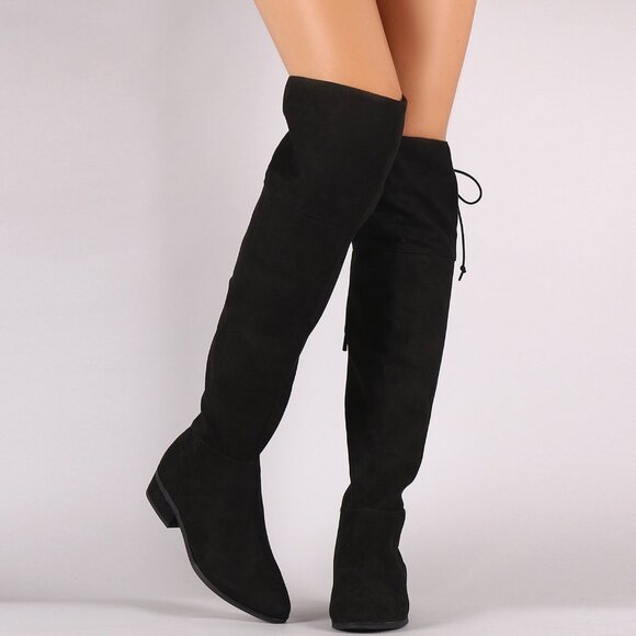 New Black Faux Suede Back Lace-Up Over The Knee Riding Moto Boots Low Block Heel - Picture 2 of 3